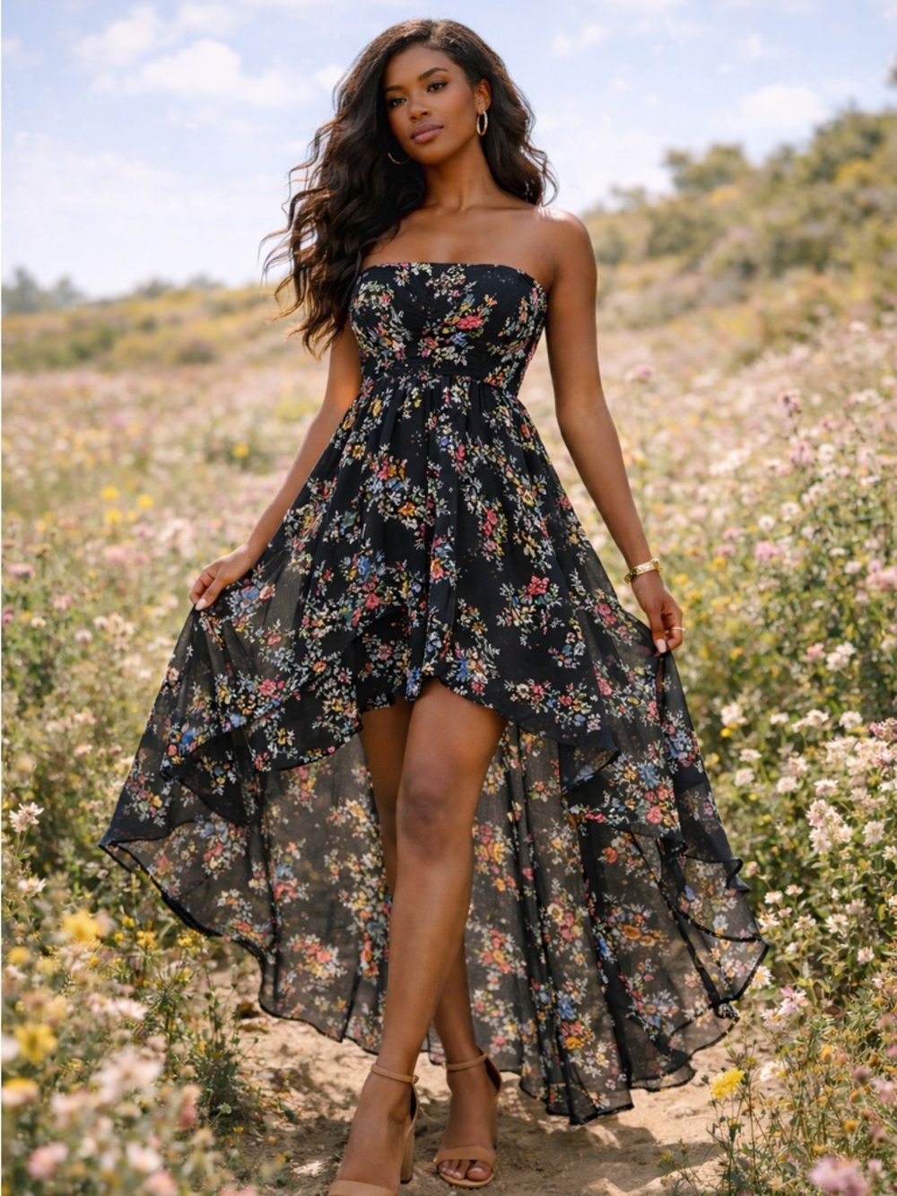 Smocked Strapless Black Floral High-Low Dress